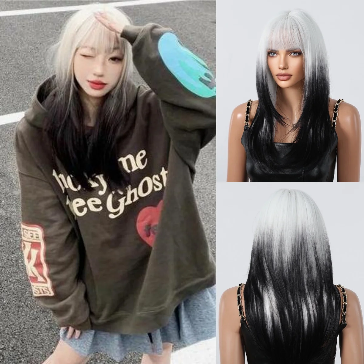 HAIRCUBE White Black Omber Synthetic Wigs with Bangs Straight Synthetic Hair Wigs for Women Cosplay Party High Temperature Fiber