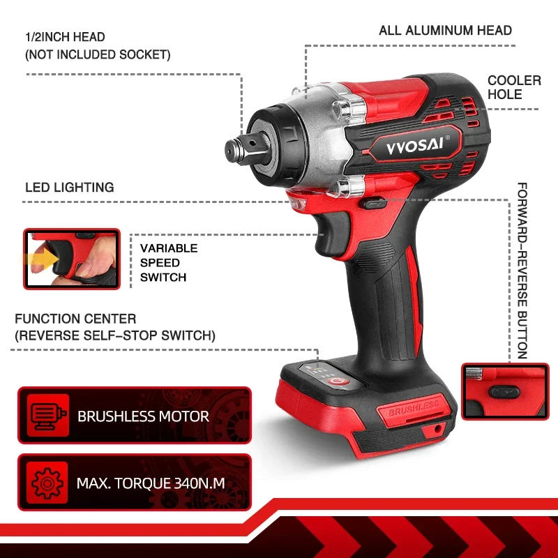 VVOSAI MT-Series 340N.m 20V Brushless Cordless Impact Wrench 1/2 Electric Socket Wrench Lithium battery LED Hand Drill Tools