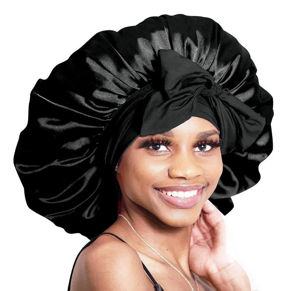 Satin-Schlafhauben, Jumbo-Seidenhaube für Frauen mit Bindeband für Lockiges Haar und Zöpfe – Detail 3