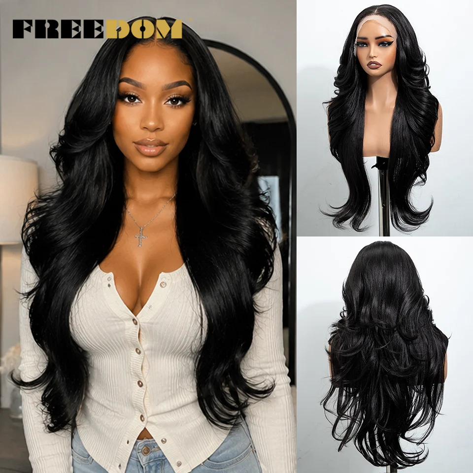 FREEDOM Synthetische Lace-Front-Perücken für schwarze Frauen, 28 Zoll, 13x4, vorgezupft, geschichtet, Ombre Braun Blond Highlight, Perücken für den täglichen Gebrauch – Detail 8