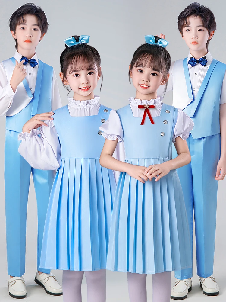 

National Day Children's Chorus Recitation Performance Costume Blue Primary School Student Patriotic Speech Cetition Dr