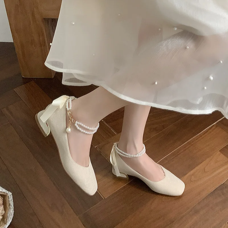 

Mary Jane Fairy Bridesmaid Shoes Wedding Show Two Bridal Shoes Female Head Pearl Single Shoes