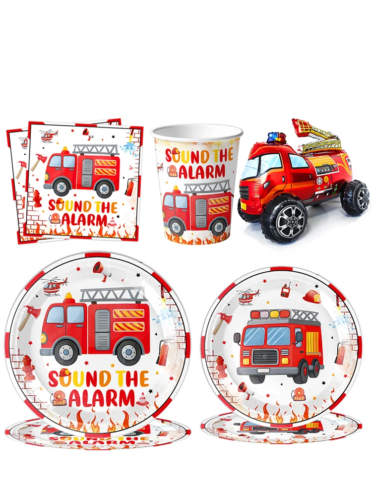 Décorations de fête d'anniversaire de pompier, assiettes en papier, gobelets, serviettes, ballon sonore, alarme, vaisselle, fournitures de fête de pompier