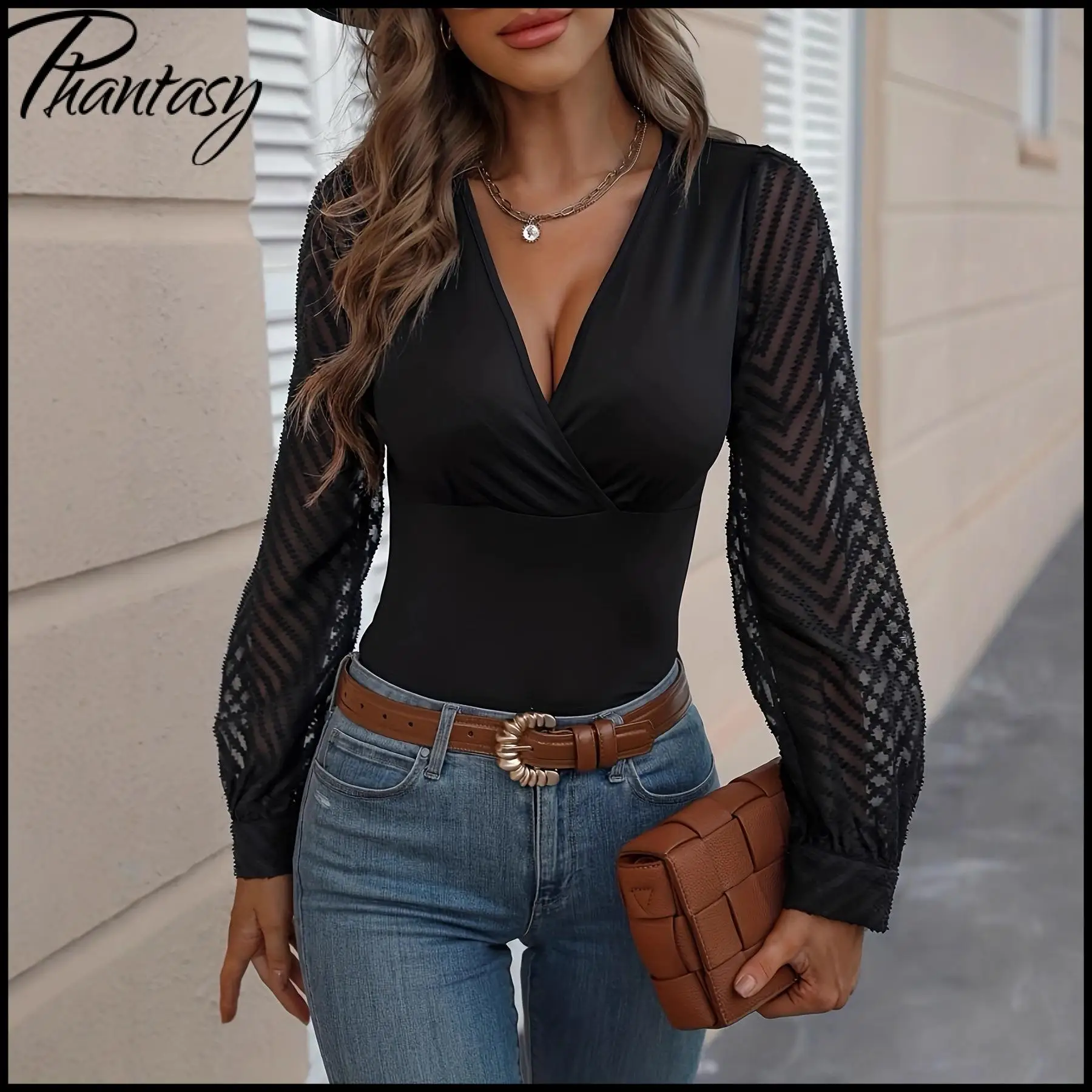 เสื้อชีฟองแขนยาวทรงบับเบิ้ล ดีไซน์หรูหราทันสมัย สำหรับสุภาพสตรี ฤดูใบไม้ผลิ คอวีลึก สีพื้น เหมาะสำหรับใส่ทำงานหรือออกงาน