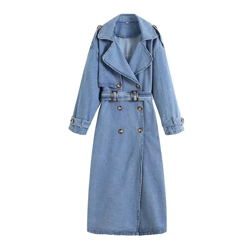 

Women's Spring Autumn New Double Breasted Denim Overcoat With Belt European American Loose Cowboy Windcoat Coat British Style