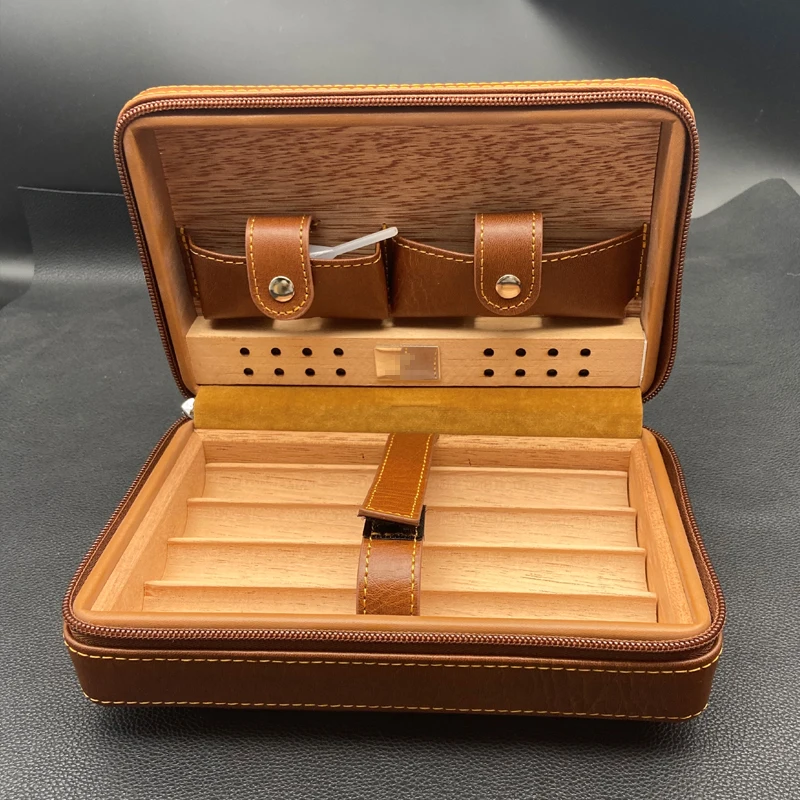 

Portable Cedar Wood Cigar Humidor Box Travel Leather Cigar Case Storage 4 Cigars Box Humidor Humidifier Cuba Sigar Accessories