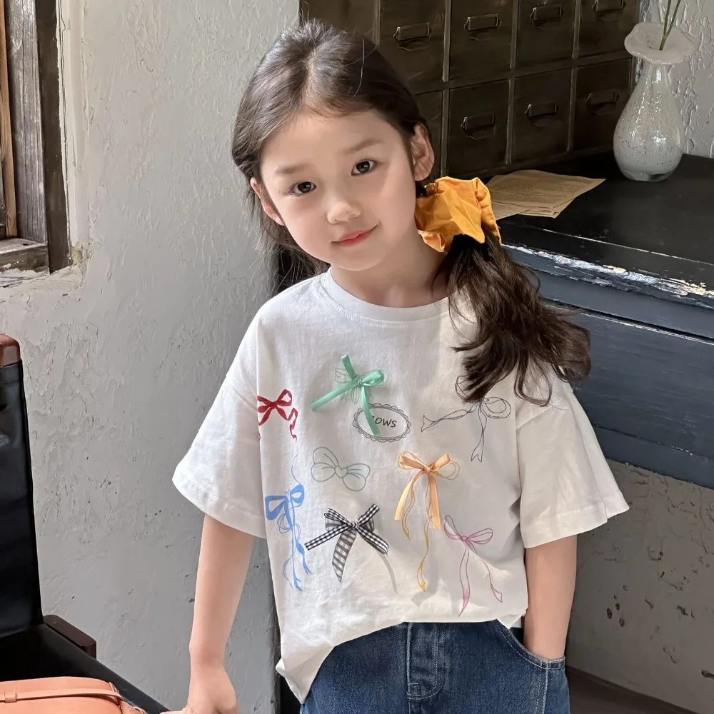 

Girls T Shirt Korea Style 2024 Summer New Solid Color All Match Short Sleeve Bow Comfortable Baby Fashion Kids Summer Clothes