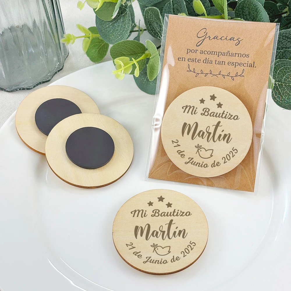 Favores de bautismo Recuerdos de bautizo de bebé para invitados Imanes de madera personalizados Imán de bautismo personalizado con tarjeta de agradecimiento