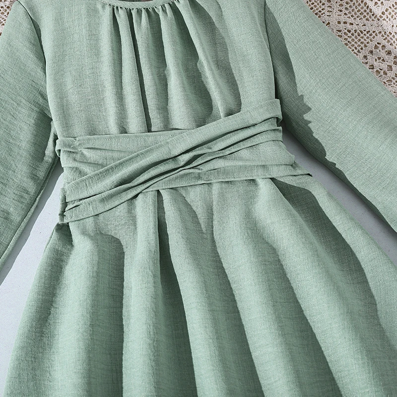 Frühlingskleid für Teenager-Mädchen, strukturiertes Midikleid, Schlüssellochverschluss hinten, elastische Taille, ausgestellter Saum, lange Ärmel, lässiges, einfarbiges Kinderkleid – Detail 5