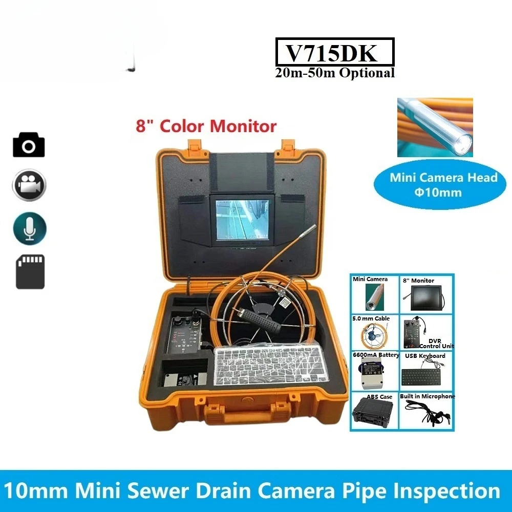 10mm Mini Borescope Inspection Camera 8 Inch Screen with DVR System 20m to 50m Portable Drain Sewer Detector