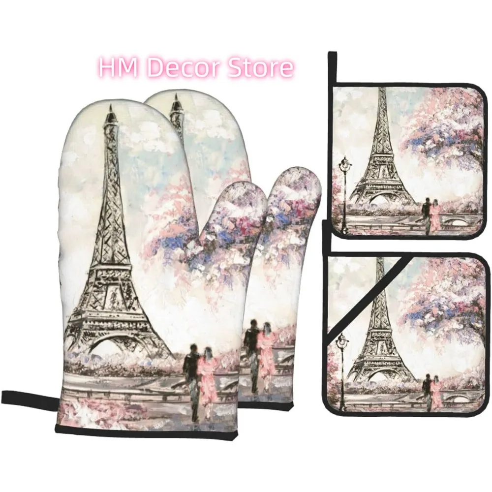 

Набор из 4 рукавиц и подставок для кастрюль с Эйфелевой башней из 4 предметов, варежки и прихватки для приготовления пищи, термостойкие перчатки для приготовления пищи на кухне.