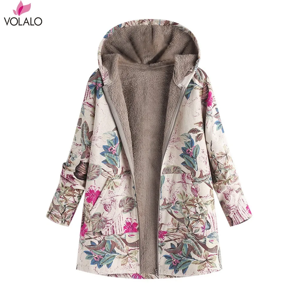 5XL Coat Winter Warm Fur Hooded Floral Print Jacket Women Vintage Long Sleeve Fluffy Coat Female Pocket Oversized