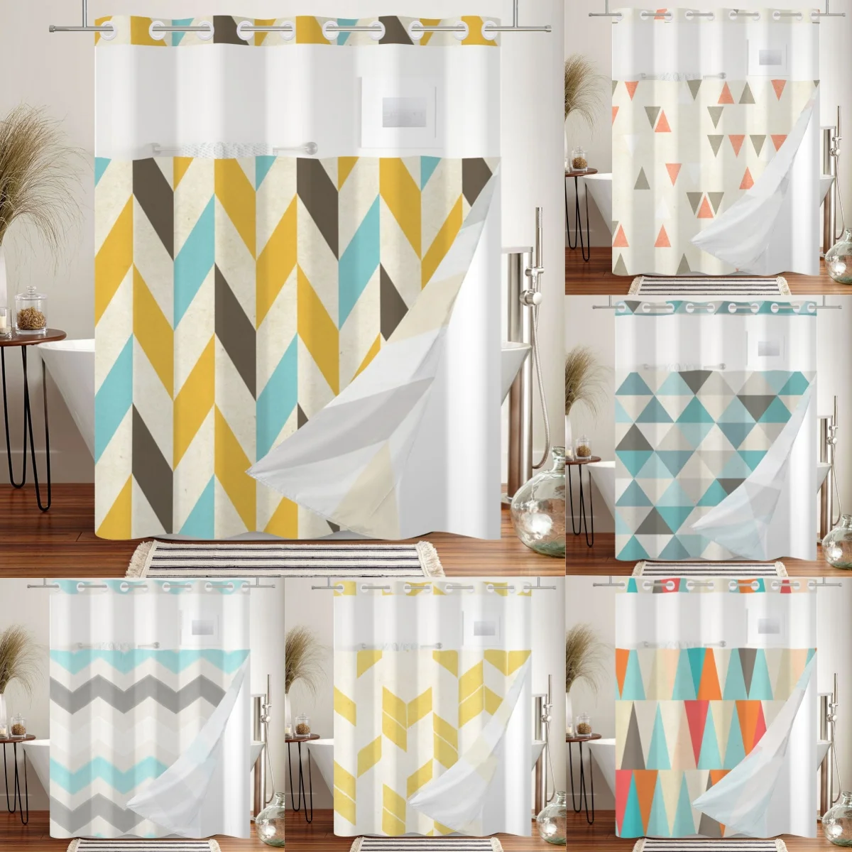 

Бескрючок, двухслойная занавеска для душа с геометрическим узором, съемная подкладка для ванны, водонепроницаемые занавески для ванной комнаты, украшение