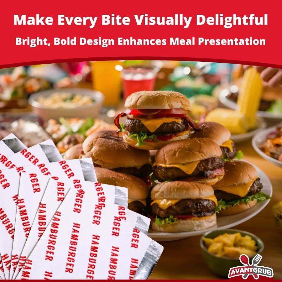 Involucri per hamburger retrò a prova di grasso da 200 pezzi. Ideale per cucine all'aperto e feste a tema baseball Hamb isolato grande senza BPA