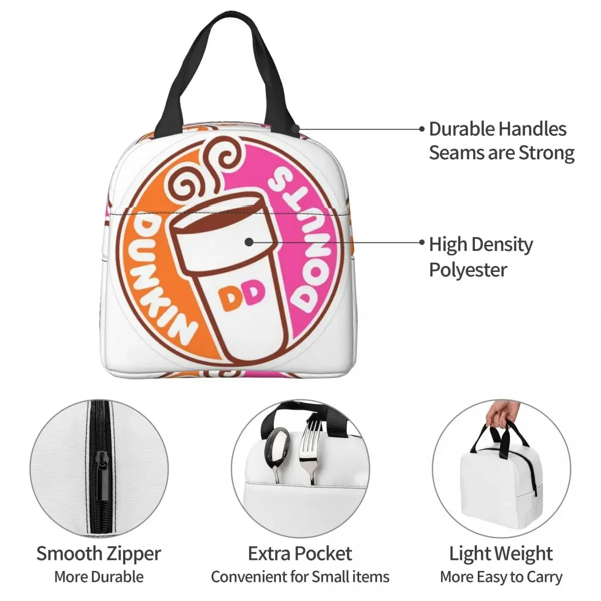 Dunkin Donuts Insulated Lunch Bag for Women Children Portable Food Boxes Thermal Lunch Box Tote view 4