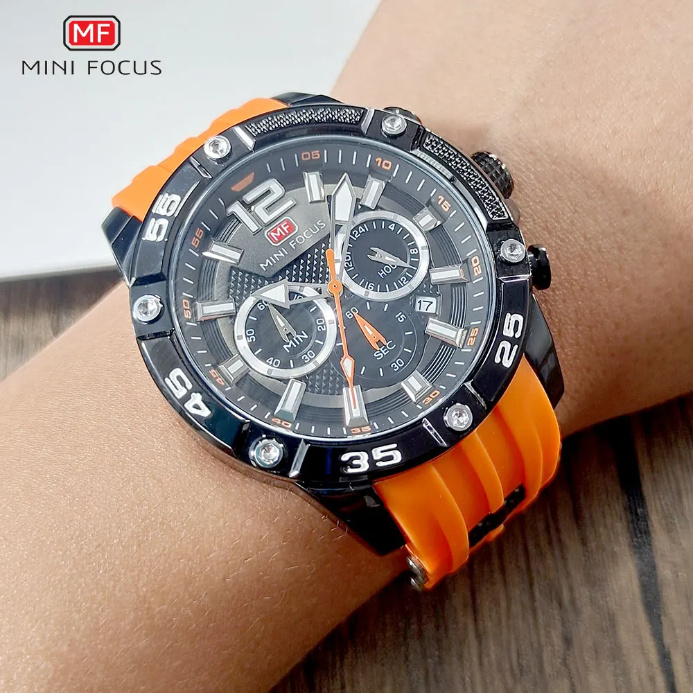 MINI FOCUS Orange Watch for Men Military Sport Chronograph Quartz Wristwatch with Silicone Strap Waterproof Luminous Hands 0349