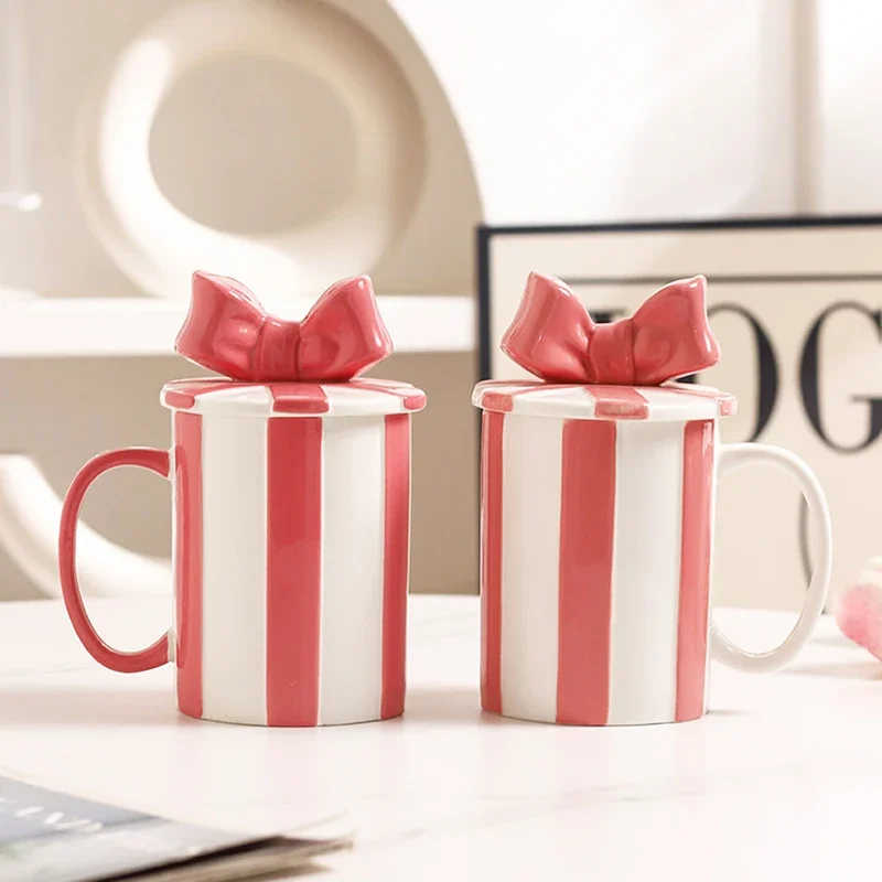 

European Red Stripe Ceramic Coffee Cup Creative Bow with Lid Mugs Exquisite Afternoon Tea Flower Tea Coffee Cup Home Milk Mug