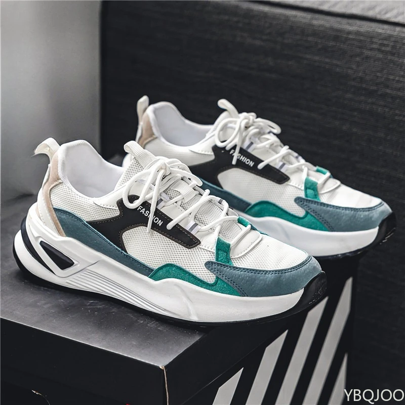 Sepatu pria serbaguna yang modis, sepatu kasual dengan blok warna, sepatu olahraga bersol tebal, sepatu kets pria yang ringan dan bernapas