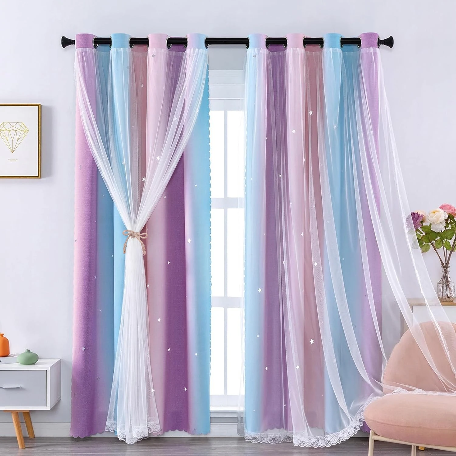 2 Panels Blackout Curtains for Bedroom Stars Cut Out Curtains for Kids Girls Living Room Thermal Curtains Drapery with Eyelet