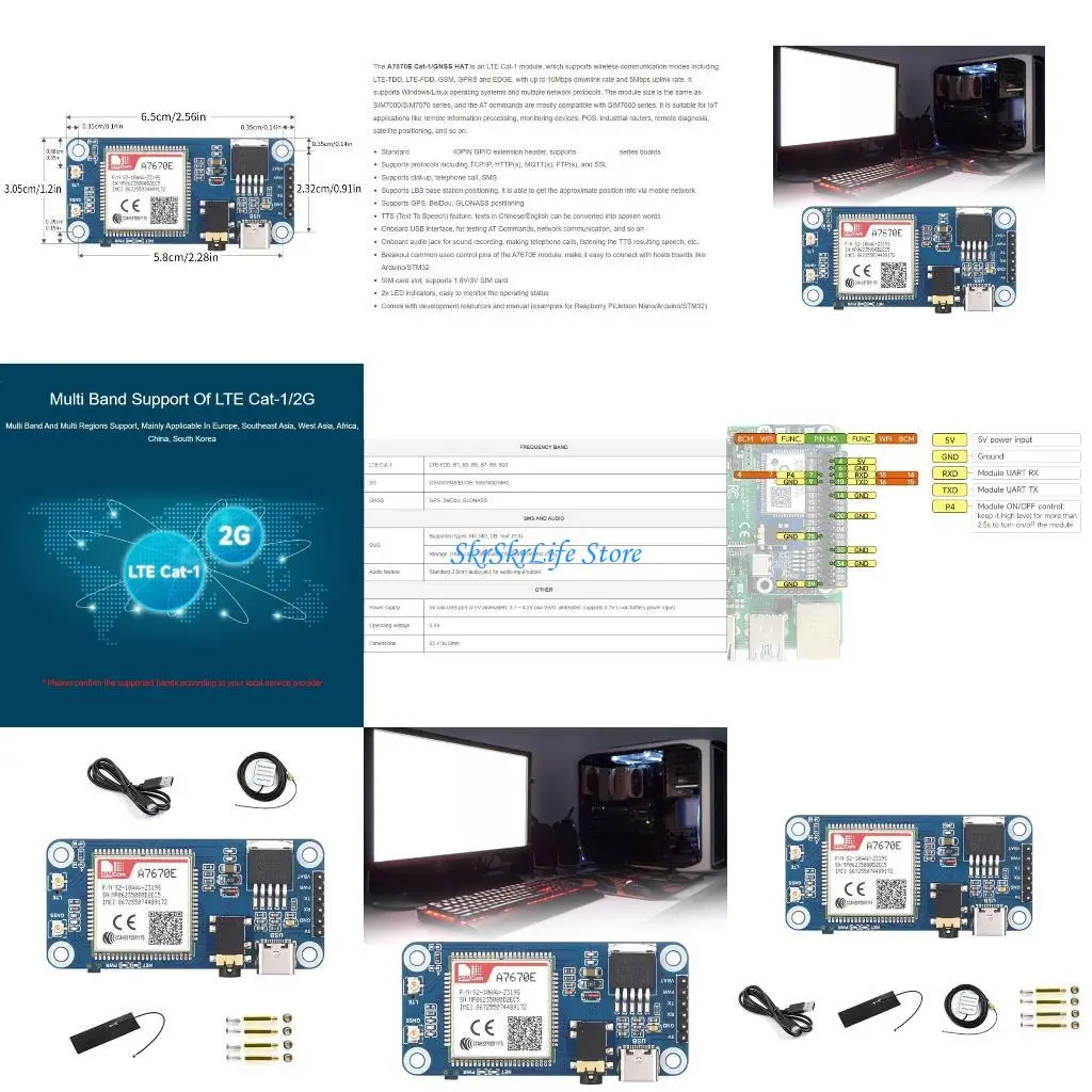 

E65E A7670E Cat1/GPRS/GNSS HAT Module Based On for RPi 40PIN GPIO Interfaces