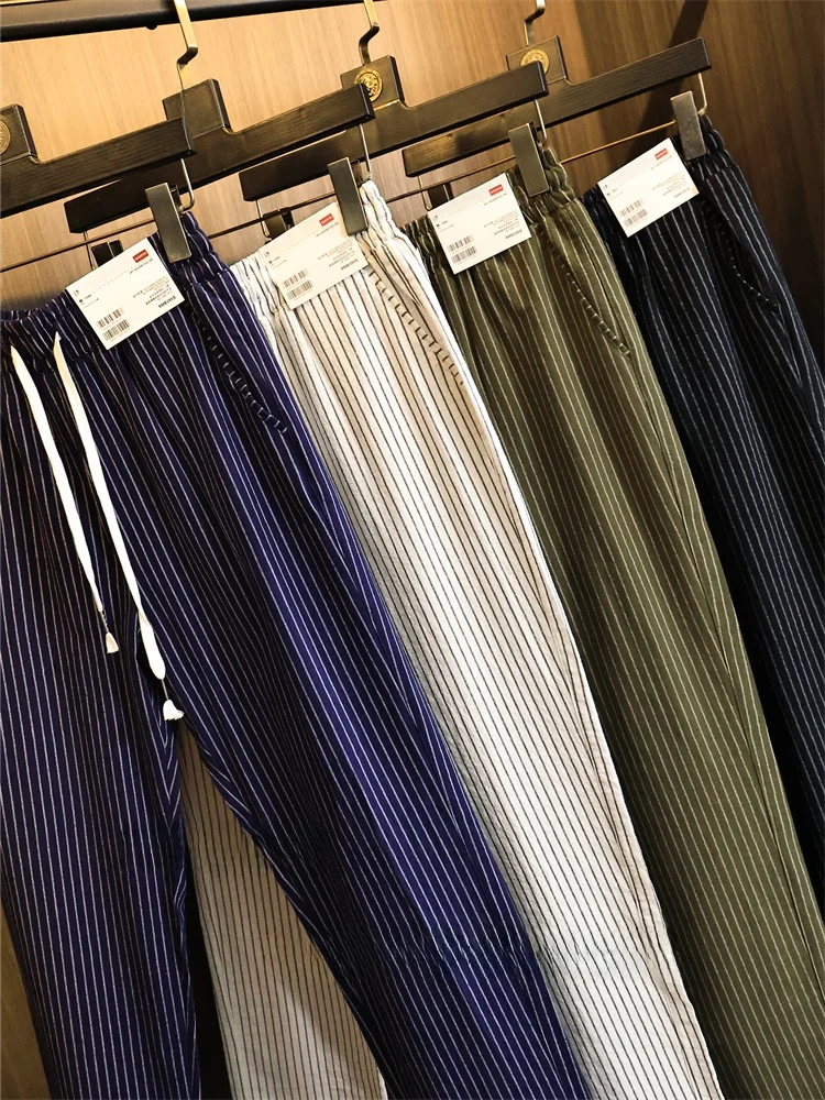 Men's Straight Leg Bubble Cloth Texture Breathable Spring Summer Fashion Casual Pants Sea Soul Stripe Pattern Urban Style