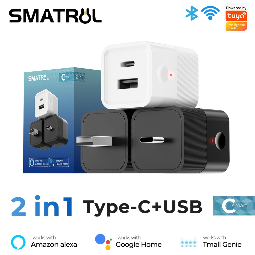 SMATRUL Tuya Smart Wireless WIFI Power Adapter USB Type-C Dual Port Converter charger app remote control timer switch