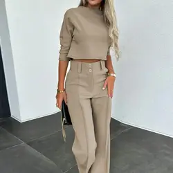 Women Formal Occasion Outfit Stylish Women's 2-piece Suit Solid Color Wide Leg Pants Crop Top Set for Chic Commute Women