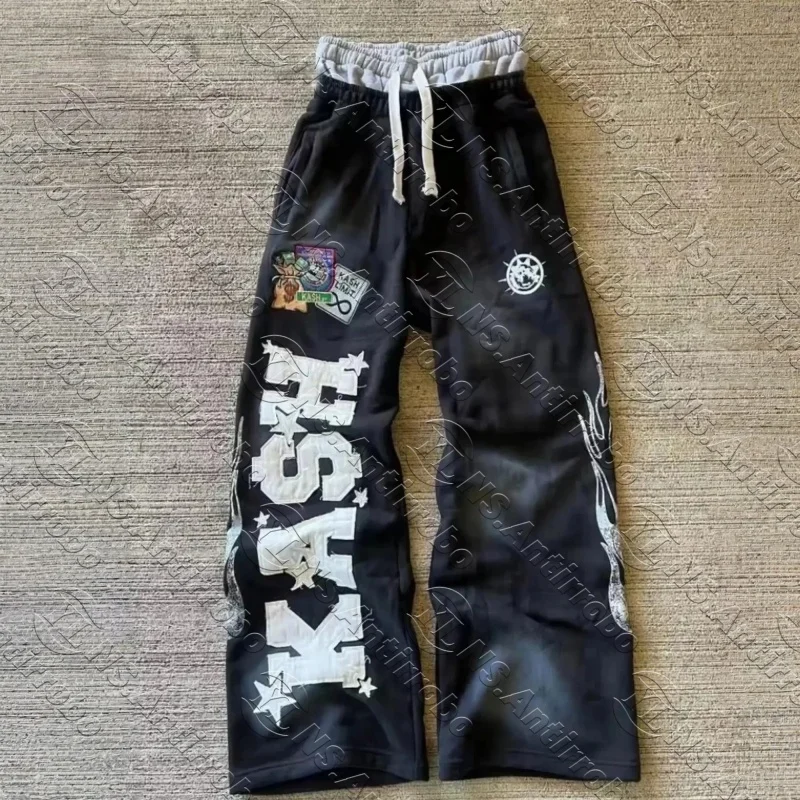 American Sweatpants Y2K Pants Men Gothic Hip Hop Letter  Design Baggy Elastic Waist Jogging Casual Pants