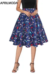 Summer High Waist Flare Tea Runway Casual Skirt Female Loose Jupe 2024 Retro Blue Print Casual Elegant A-line Party Women Skirts