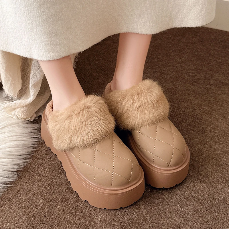 

Flats Platform Women Slippers Fur Casual Singback Mules Shoes Winter Cotton Boots 2025 Walking Cozy Short Plush Femme Snow Botas
