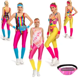 6Pcs/Set Retro 80s 90s Legging Cosplay Women Costume Colorful Glossy Printed Sportwear Headband Set Halloween Carnival Suit