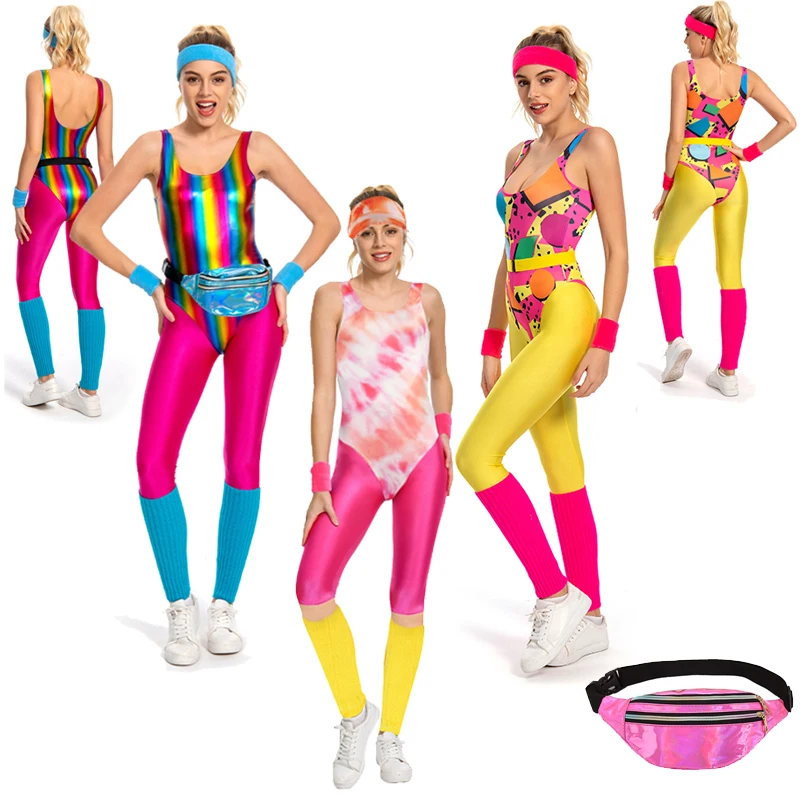 6Pcs/Set Retro 80s 90s Legging Cosplay Women Costume Colorful Glossy Printed Sportwear Headband Set Halloween Carnival Suit