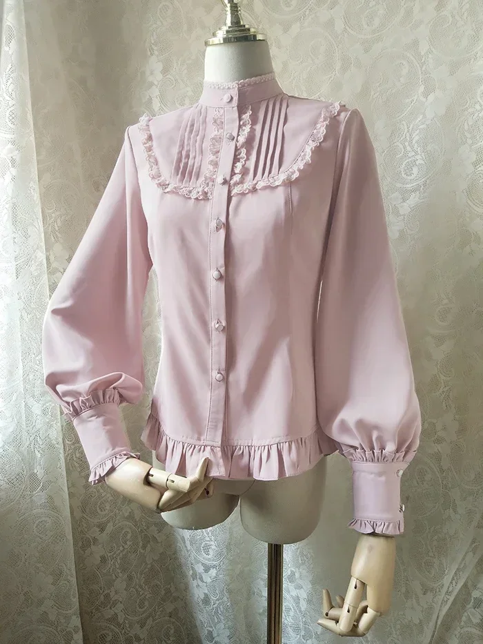 Camicetta Lolita da donna dolce camicia abbottonata con maniche lunghe a lanterna Vintage rosa arruffata