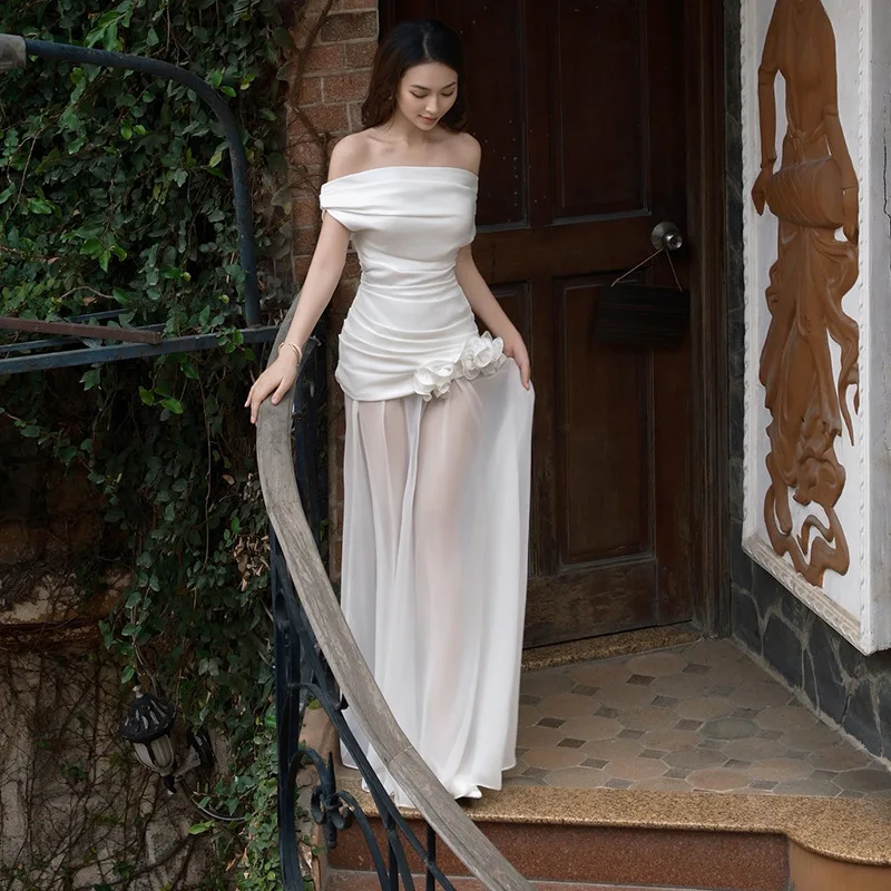 DSMTRC 메쉬 쉬어 화이트 레이스 패치 워크 우아한 슬래시 넥 가운 파티 드레스 여성용 여름 프릴 폴드 민소매 맥시 드레스