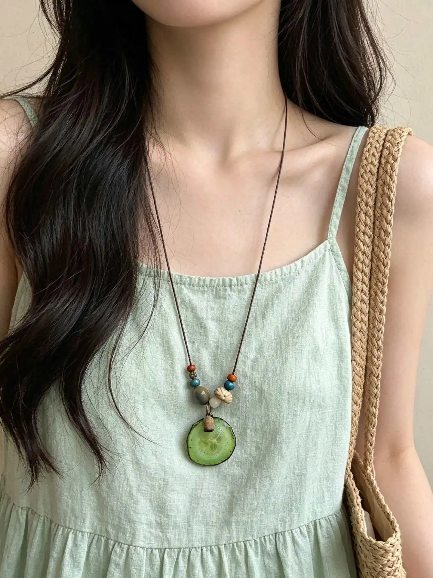 MOJOY Real Cucumber Slices Resin Casting Process Colored Beads Pendant Necklace Women Literary Style Fun Neck Chain Jewelry Gift