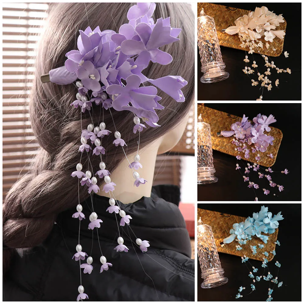 Fashion Elegant Bridal Headwear Fairy Tassel Wedding Headdress Luxury Pearl Flower Barrettes Hair Jewelry