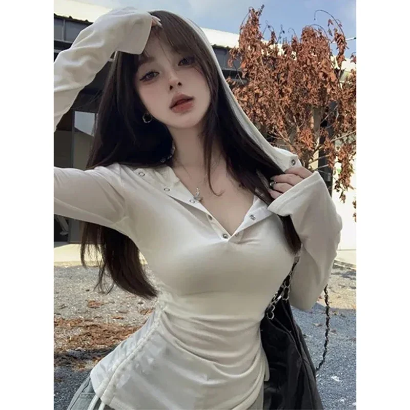 

Korean Chic Design Long Sleeves Shirt Women Spring New Elegant Basic Simple Slim Fit Blouse Casual Navy Blue Fashion T-shirt Ins