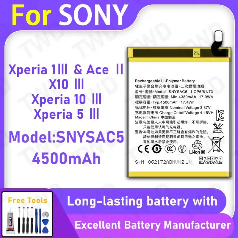 

100% New 4500mAh SNYSAC5 Battery For Sony Xperia 1lll / Ace III/X10 III Replacement Bateria+Free Tools