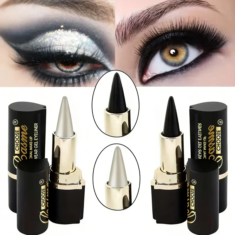 Delineador de ojos con textura cremosa negra/plateada, 1 lápiz de coloración fácil de 2 recuentos, accesorios de maquillaje diario para mujeres y
