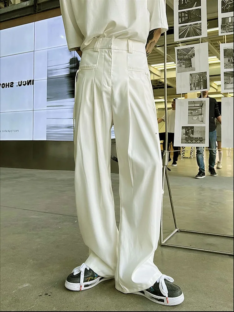 

Корейский дизайн, однотонные мужские брюки с высокой талией и широкими штанинами, прямой крой, длинные брюки, модные осенние повседневные брюки свободного кроя, молодежные