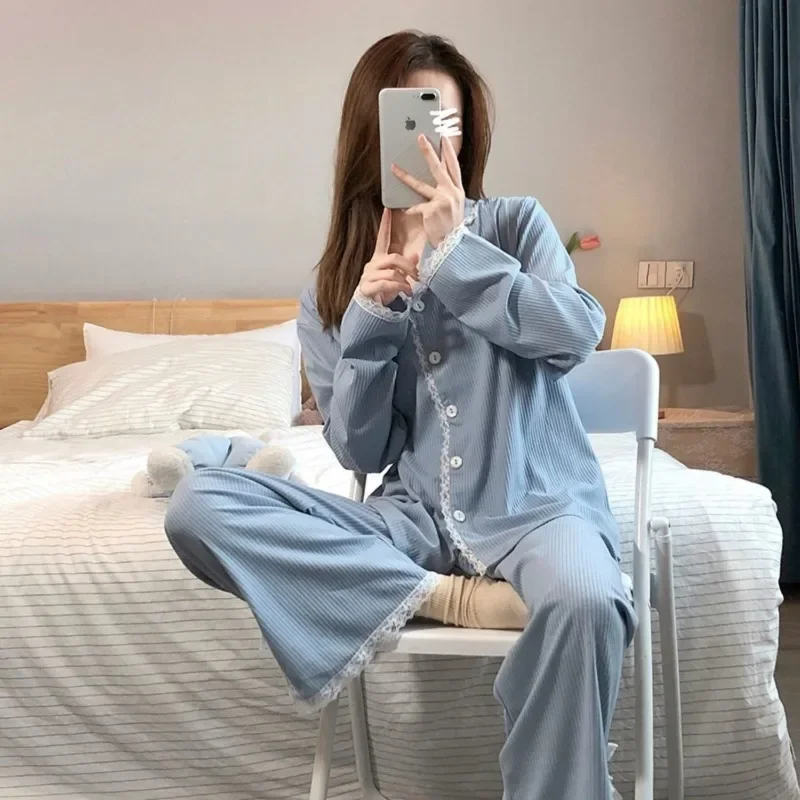 Lace Sleepwear Women Pajama Sets Kawaii Clothes Cardigan Long Sleeve Long Pants Buttons Nightwear Homewear Sets Pajamas