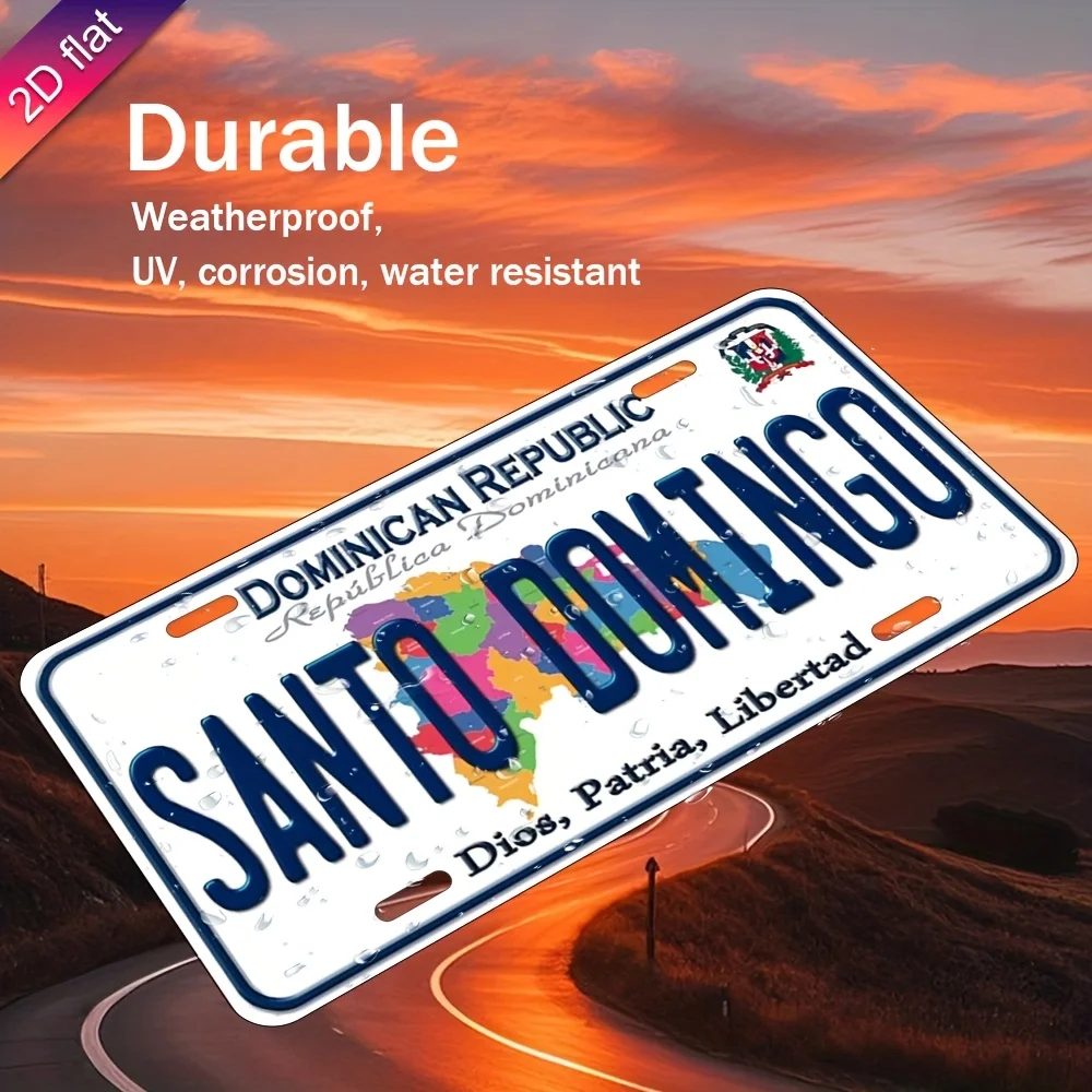 Aluminum License Plate Wall Decor - UV Printed Santo Domingo Map & Dominican Republic Flag Design,  Weather-Resistant Metal Plaq