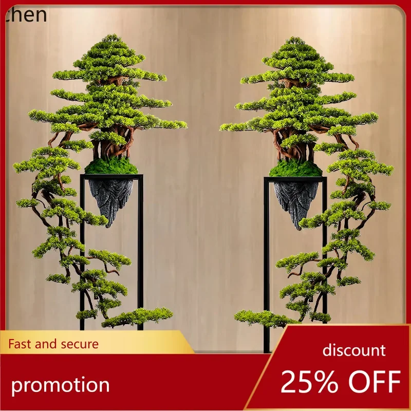 

HXL Chinese Style Imitation Real Wood Welcoming Pine Lucky Green Plant Living Room Floor Ornament