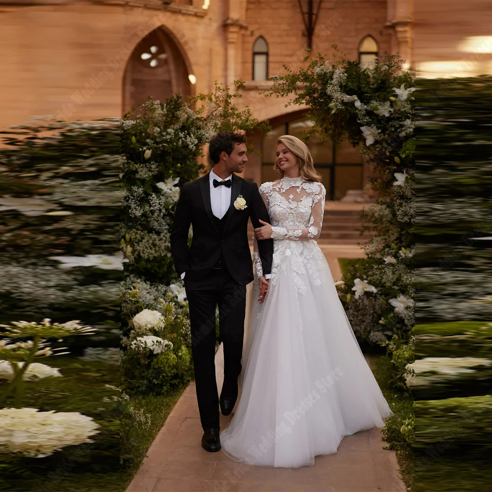 

High Collar Long Sleeves Women Wedding Dresses Elegant Lace Printing A-Line Bridal Gown Mopping Length Princess Party Customized