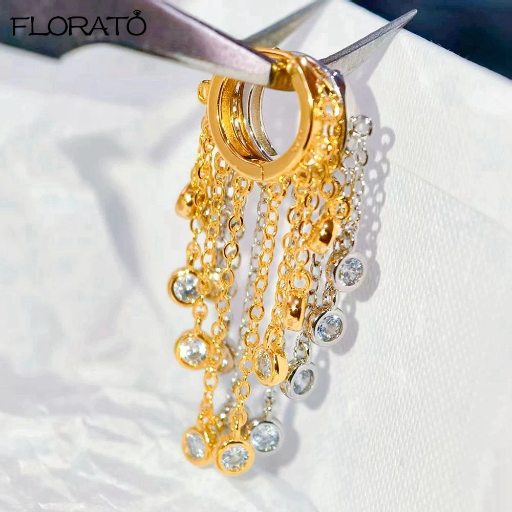 

925 Sterling Silver Needle Fashion Long Tassel Zircon Circle Hoop Earrings for Women Girls Elegant Wedding Jewelry Fine Gift