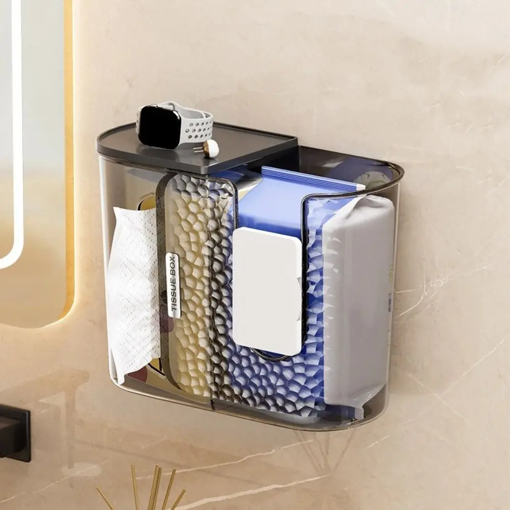 

2 in 1 Wall Mounted Tissue Box No Punching Plastic Wipes Paper Storage Box Space Saving Tissue Storage Box for Home