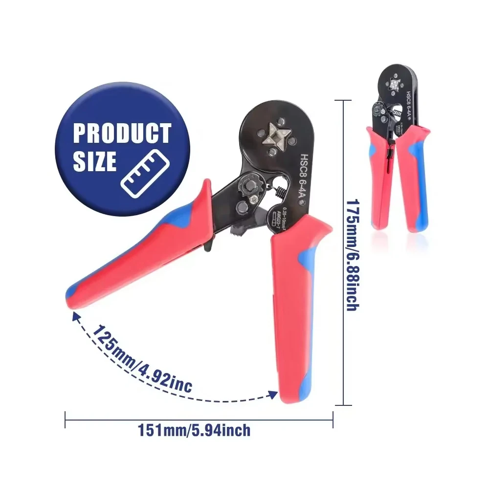 Utensili per crimpare ghiera con manicotti terminali HSC8 6-4A AWG23-7 autoregolabile/0,25-10mm2 Pinza per crimpare cavi a cricchetto quadrata