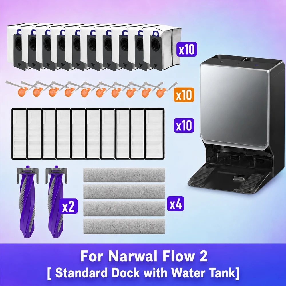 Kompatibel mit (Narwal Flow 2 - Standardstation mit Wassertank) Staubsauger Ersatzteile Hauptbürste Seitenbürste Seitenbürstenabdeckung HEPA-Filter Wischpad Staubbeutel Zubehör
