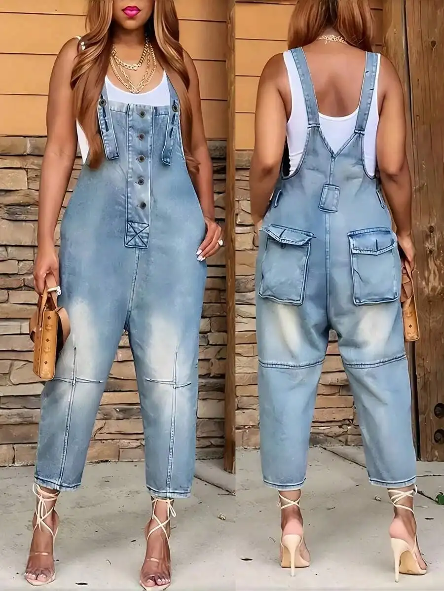 

Женские джинсовые комбинезоны с пуговицами спереди, средней посадкой, свободного кроя для уличного стиля и повседневной носки