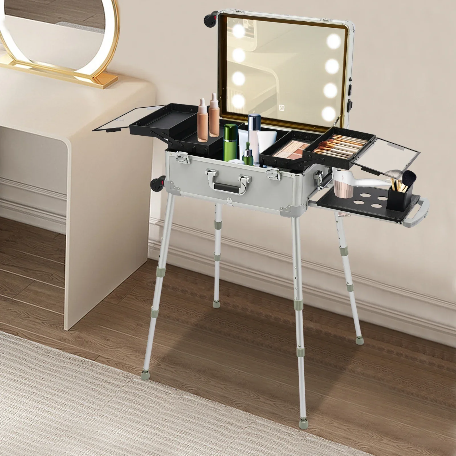 

Portable 21" Silver Makeup Case with LED Lights, Adjustable Height Legs & Universal Wheels for Easy Travel